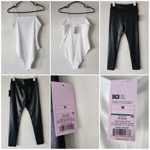 WILD FABLE BUNDLE Black Faux Leather Leggings White Ribbed Thong Bodysuit Size M